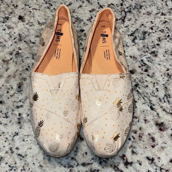 TOMS Rose Peach Gold w/Pineapple print Slip on Shoes Size 9 - Picture 2 of 7